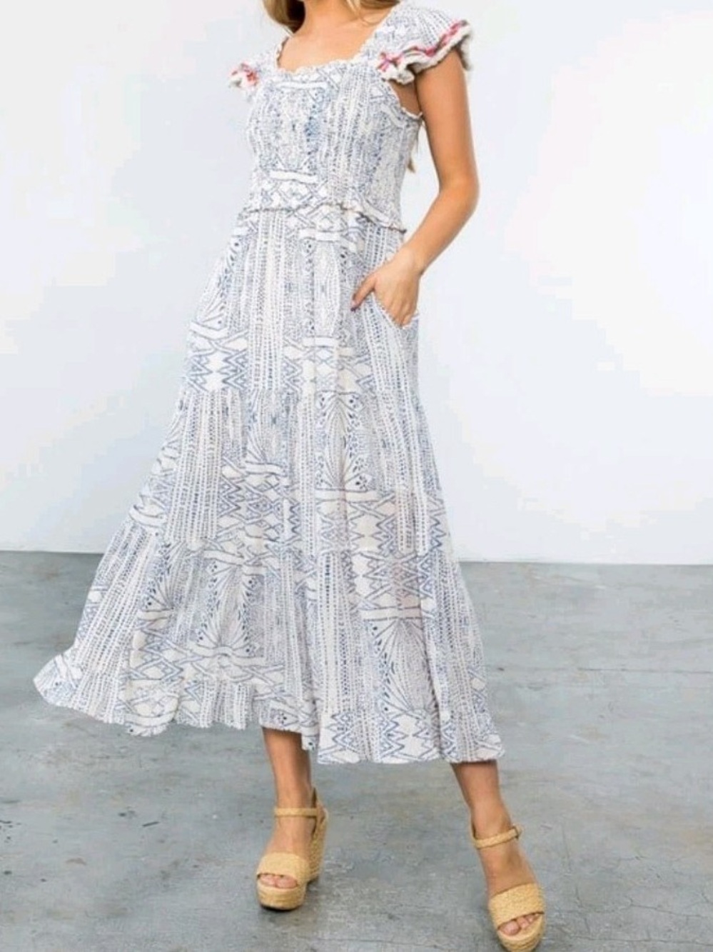 THML Cream Maxi Dress with Navy Geometric Print and Ruffle Straps - Picture 10 of 10